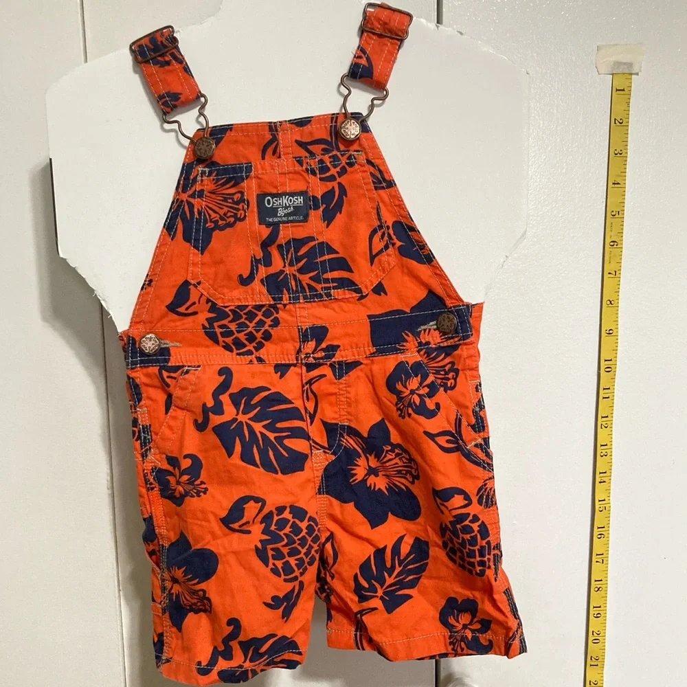 OSHKOSH Bgosh Hawaiian Overall Shorts Orange Navy Blue Floral Unisex 18 Months